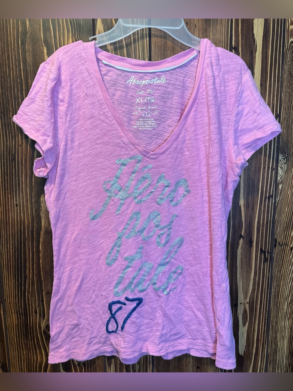 Aeropostale Pink V-Neck Tee Spellout 87 Logo Size XL
